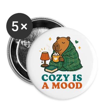 Cozy Is a Mood – Capybara mit heißer Schokolade - Buttons groß 56 mm (5er Pack) - Weiß - Vorne