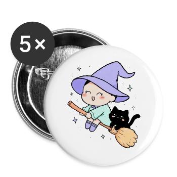 Kleine Hexe mit Katze - Buttons groß 56 mm (5er Pack) - Weiß - Vorne