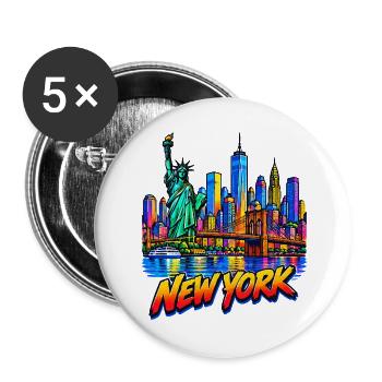 Neon NY Skyline und Freiheitsstatue - Buttons groß 56 mm (5er Pack) - Weiß - Vorne