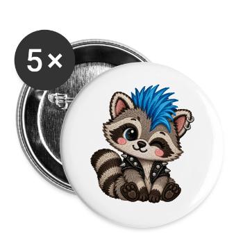 Punk Waschbär mit blauem Iro – Stickmotiv Optik - Buttons groß 56 mm (5er Pack) - Weiß - Vorne