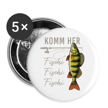 Komm her Fischi Angler Rute Barsch Wasser - Buttons groß 56 mm (5er Pack) - Weiß - Vorne