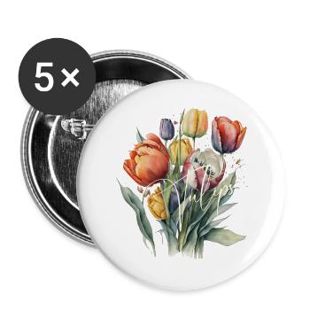 Aquarell-Tulpenbouquet-Schrift - Buttons groß 56 mm (5er Pack) - Weiß - Vorne