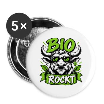 Bio Rockt – Cooles Stier Design - Buttons groß 56 mm (5er Pack) - Weiß - Vorne
