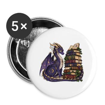 Magischer Buchdrache – Edles Mond & Sterne Design - Buttons groß 56 mm (5er Pack) - Weiß - Vorne