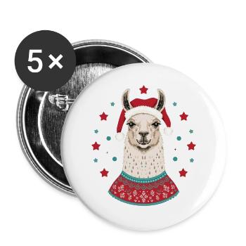 Weihnachtslama mit Mütze & Pullover - Buttons groß 56 mm (5er Pack) - Weiß - Vorne