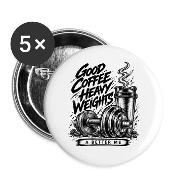 Good Coffee Heavy Weights – Fitnessstudio & Kaffee - Buttons groß 56 mm (5er Pack) - Weiß - Vorne