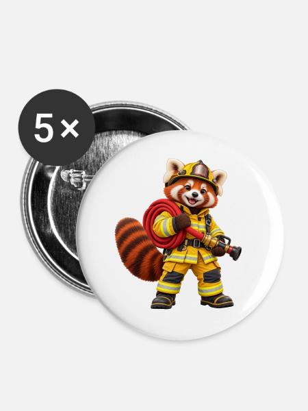 Feuerwehrmann Roter Panda mit Schlauch - Buttons groß 56 mm (5er Pack) - Weiß