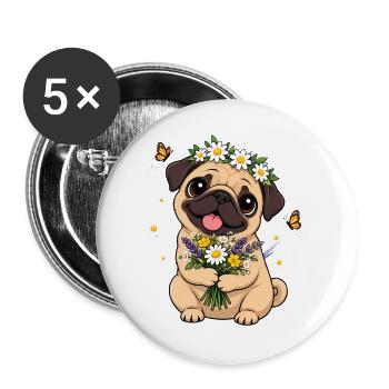 Mops Hund süßer Mops niedlicher Mops - Buttons groß 56 mm (5er Pack) - Weiß - Vorne