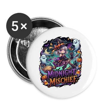Süße Anime-Hexe auf Halloween-Besen - Buttons groß 56 mm (5er Pack) - Weiß - Vorne