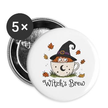 Süße Hexe in Kaffeetasse – Witch's Brew Herbst - Buttons groß 56 mm (5er Pack) - Weiß - Vorne