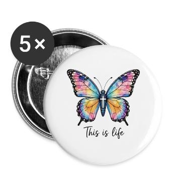 Schmetterling Kreuz Christlicher Spruch - Buttons groß 56 mm (5er Pack) - Weiß - Vorne