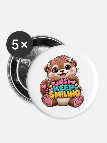 Keep Smiling Bär mit Blumenkranz - Buttons groß 56 mm (5er Pack) - Weiß