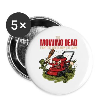 The Moging Dead – Lustige Rasenmähen von Zombie-Unkräutern - Buttons groß 56 mm (5er Pack) - Weiß - Vorne