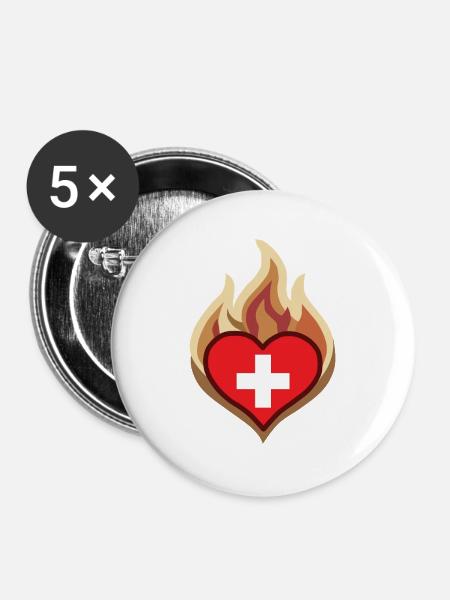 Switzerland Flag Heart on Fire - Buttons groß 56 mm (5er Pack) - Weiß