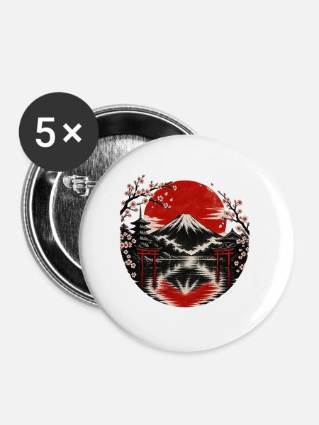 Fuji-Sonnenkreis mit Kirschblüten - Buttons groß 56 mm (5er Pack) - Weiß