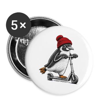 Pinguin auf dem Tretroller – Vintage-Stil - Buttons groß 56 mm (5er Pack) - Weiß - Vorne