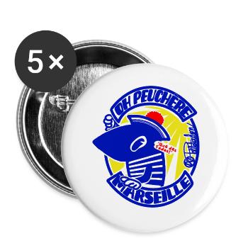 Blaue Sardine auf Sonnenabzeichen Marseille Peuchere - Buttons groß 56 mm (5er Pack) - Weiß - Vorne