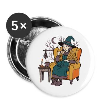 Die Hexe beim Tee mit ihrer Katze - Buttons groß 56 mm (5er Pack) - Weiß - Vorne