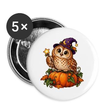 Kürbis-Zauberer-Eule - Buttons groß 56 mm (5er Pack) - Weiß - Vorne