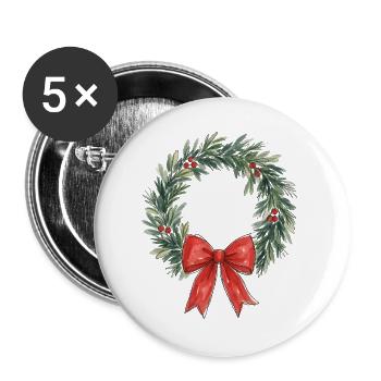 Traditioneller Weihnachtskranz mit roter Schleife - Buttons groß 56 mm (5er Pack) - Weiß - Vorne