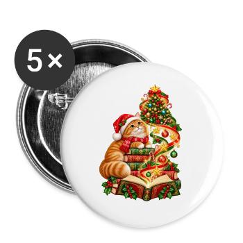 Weihnachtslesekatze und Bücher - Buttons groß 56 mm (5er Pack) - Weiß - Vorne