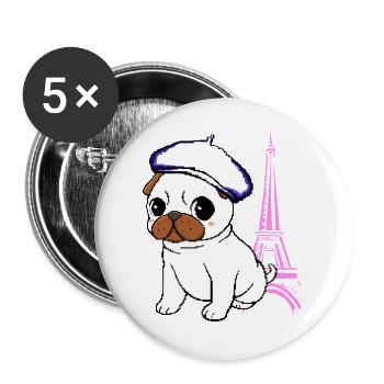 Paris Mops - Buttons groß 56 mm (5er Pack) - Weiß - Vorne