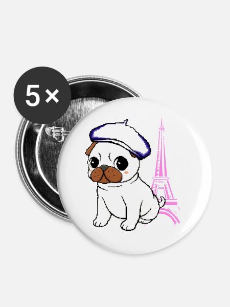 Paris Mops - Buttons groß 56 mm (5er Pack) - Weiß
