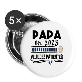 Papa 2023 Bébé Naissance Père Cadeau Humour - Lot de 5 grands badges (56 mm) - blanc - Devant