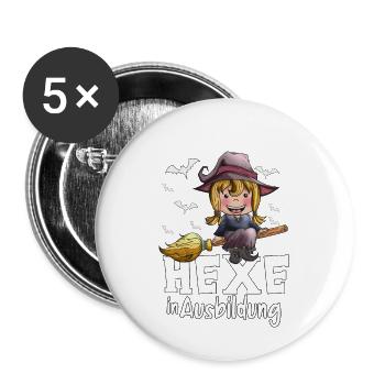 Hexen Ausbildung kleine Hexe Hexenbesen Fledermaus - Buttons groß 56 mm (5er Pack) - Weiß - Vorne