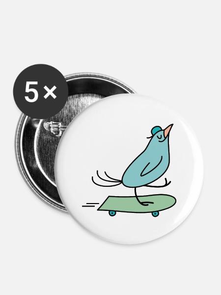 Vogel fährt Skateboard - Buttons groß 56 mm (5er Pack) - Weiß
