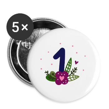 First Birthday / One / Flowers - Buttons large 2.2''/56 mm (5-pack) - white - Front