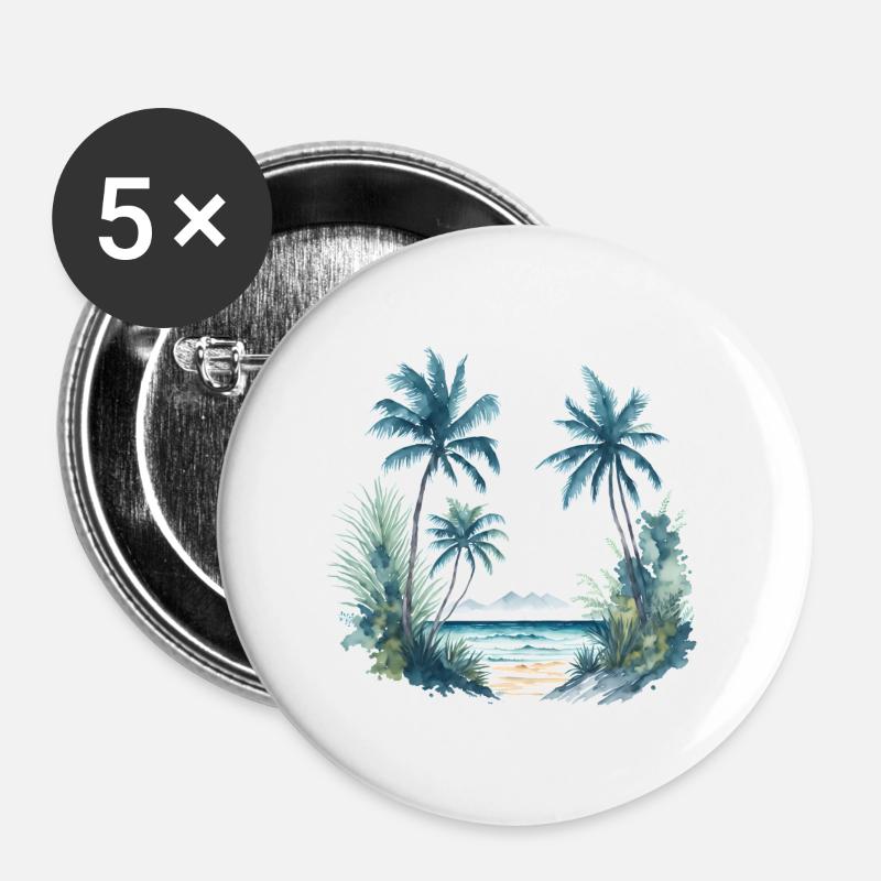 Aquarellmalerei eines Strandes mit Palmen - Buttons groß 56 mm (5er Pack) - Weiß