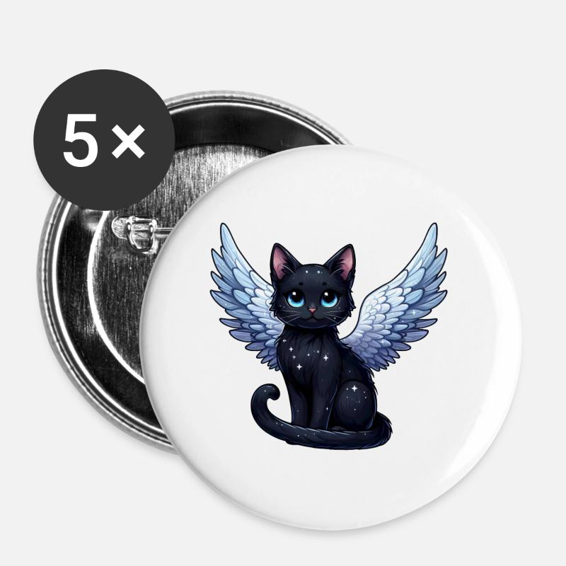 Black Cat Angel with Wings Gothic Style - Buttons large 2.2''/56 mm (5-pack) - white
