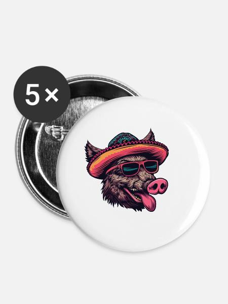 Wildschwein Sombrero - Buttons groß 56 mm (5er Pack) - Weiß