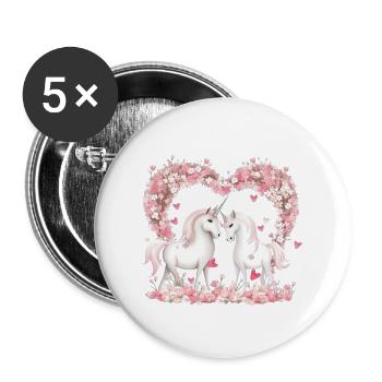 Niedlilches Einhorn Paar mit Blumenherz - Buttons groß 56 mm (5er Pack) - Weiß - Vorne