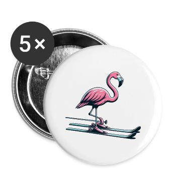 Skurriler Skifahrer-Flamingo auf der Piste - Buttons groß 56 mm (5er Pack) - Weiß - Vorne