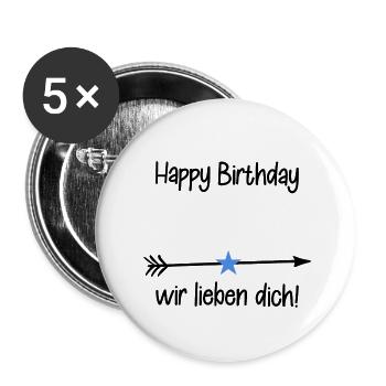 Happy Birthday / Geburtstag - Buttons groß 56 mm (5er Pack) - Weiß - Vorne