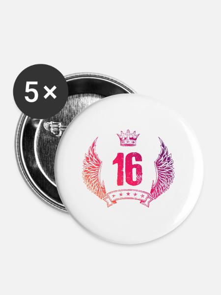 16 Zahl Krone - Buttons groß 56 mm (5er Pack) - Weiß