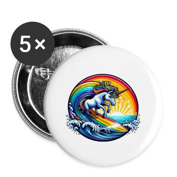 Surfendes Einhorn auf Regenbogenwelle - Buttons groß 56 mm (5er Pack) - Weiß - Vorne