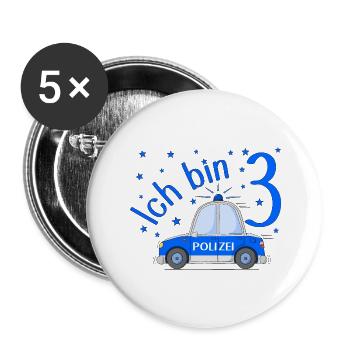 Polizeiauto Ich bin 3 Geburtstag Blau - Buttons groß 56 mm (5er Pack) - Weiß - Vorne