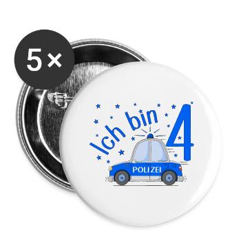 Polizeiauto Ich bin 4 Geburtstag Blau - Buttons groß 56 mm (5er Pack) - Weiß - Vorne
