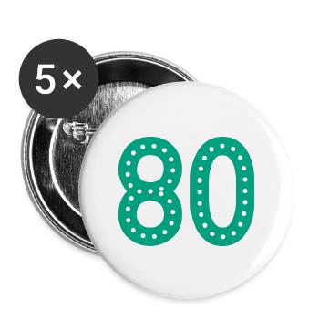 80 JAHRE. 80-jähriges JUBILÄUM. JUBILÄUM 80 JAHRE.80 - Buttons groß 56 mm (5er Pack) - Weiß - Vorne