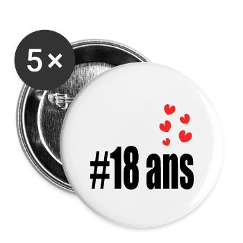 18 ANS. 18e ANNIVERSAIRE. ANNIVERSAIRE 18 ANS. 18 - Lot de 5 grands badges (56 mm) - blanc - Devant