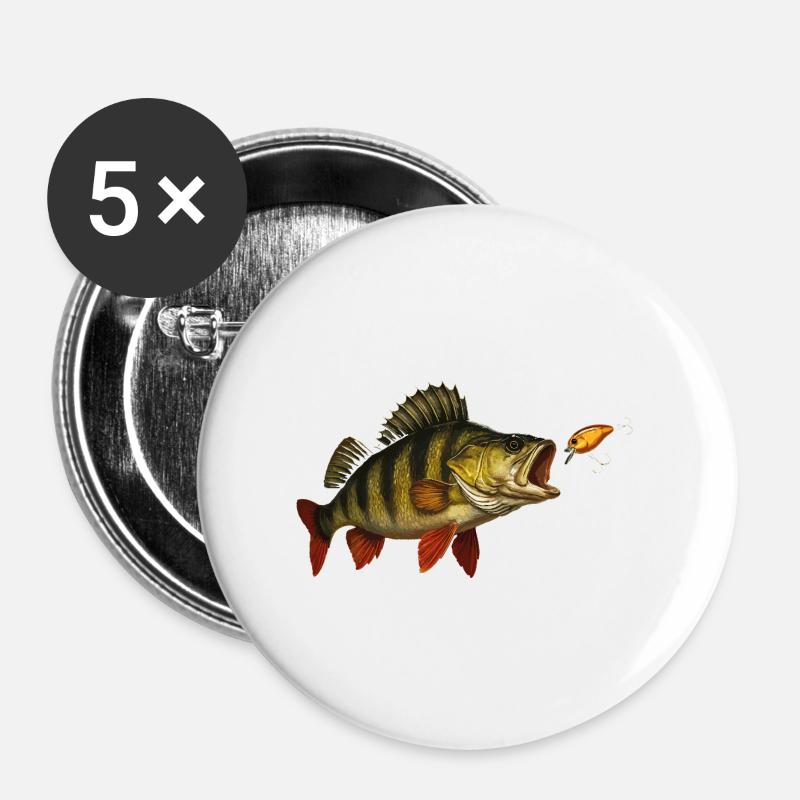 Perch at the Bite – Predatory Fish & Wobbler Design - Buttons large 2.2''/56 mm (5-pack) - white