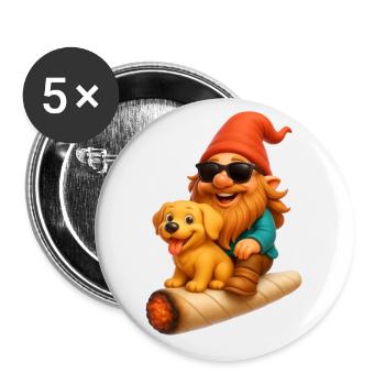 Cooler Zwerg mit Hund auf Joint fliegend - Weed - Buttons groß 56 mm (5er Pack) - Weiß - Vorne