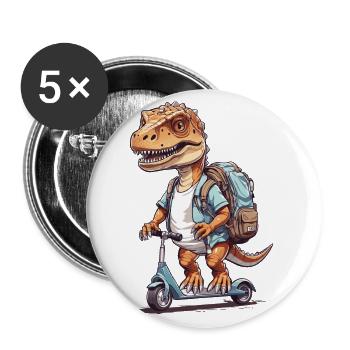 Dinosaur Schoolchild with Kick Scooter Design - Buttons large 2.2''/56 mm (5-pack) - white - Front