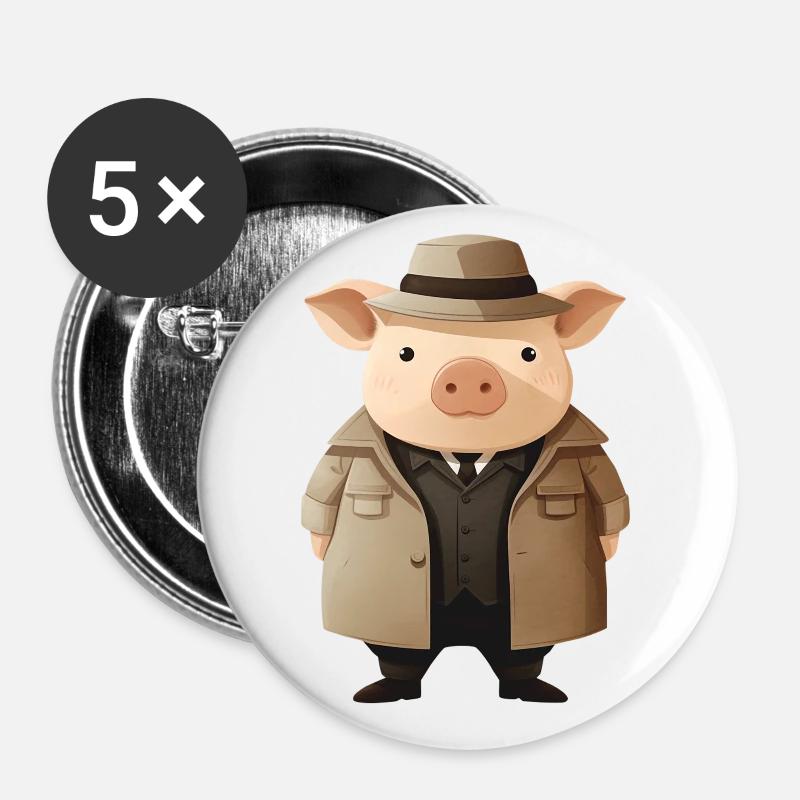 Piggy as detective - Buttons large 2.2''/56 mm (5-pack) - white