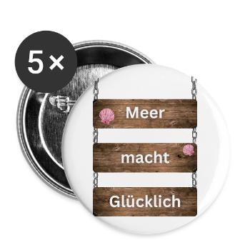 Meer macht Glücklich Geschenkidee - Buttons groß 56 mm (5er Pack) - Weiß - Vorne