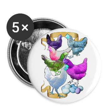 Alex' Hühner in funky Farben - Buttons groß 56 mm (5er Pack) - Weiß - Vorne
