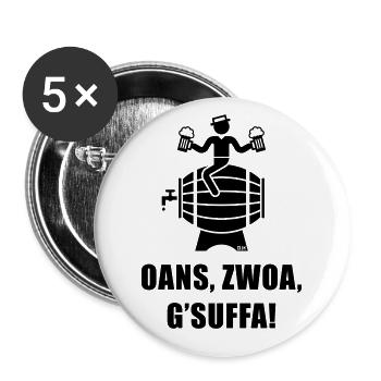 Oans, Zwoa, G’Suffa! (Bier Trinker Auf Bierfass) - Buttons groß 56 mm (5er Pack) - Weiß - Vorne